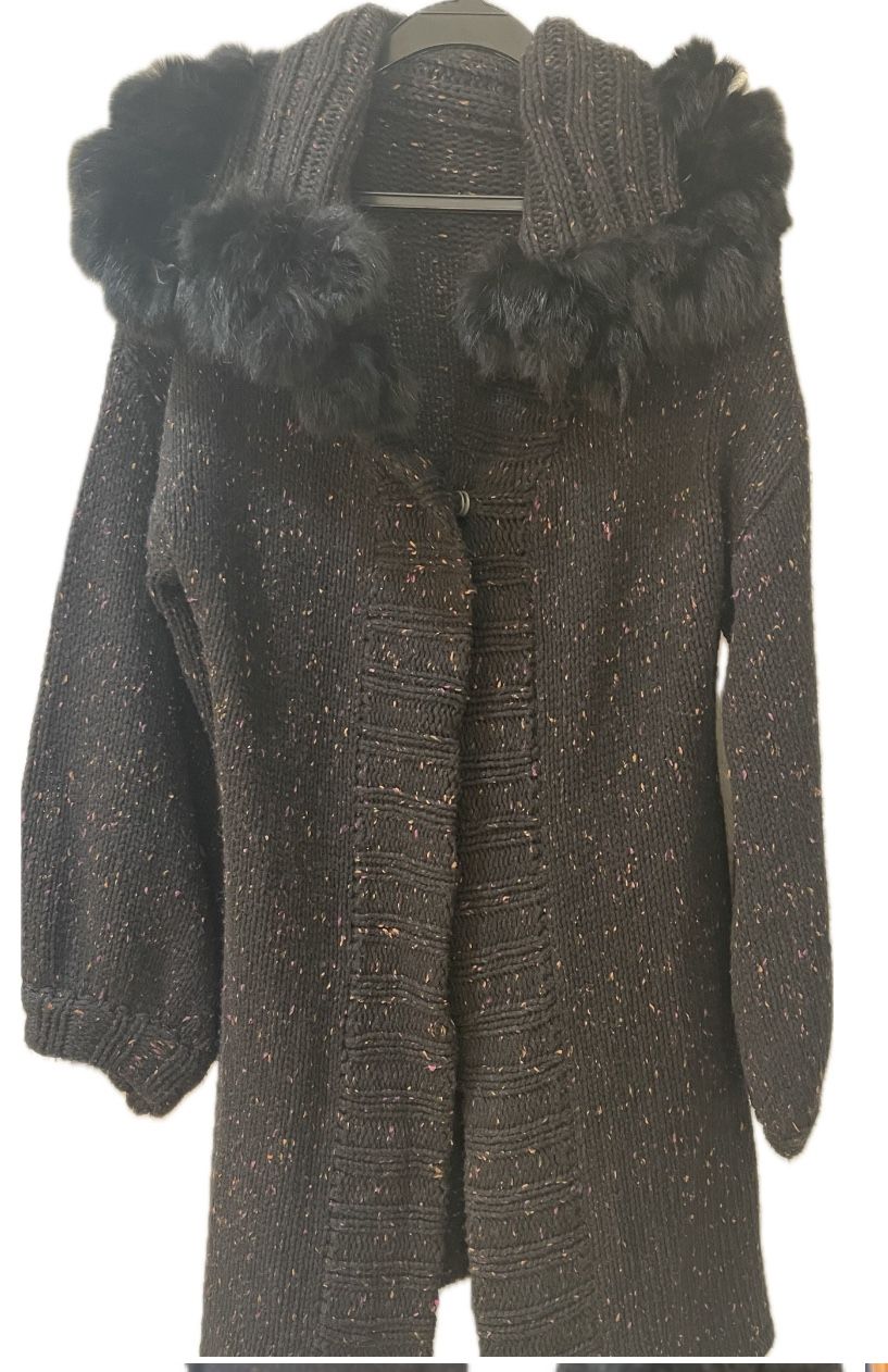 Women's Black Long Knitwear With Faux Fur Collar (4-6)