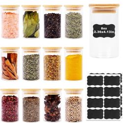 8oz Glass Food Storage Jars, Glass Jars with Bamboo Lids, Kitchen Storage Jars, Set of 12, Canisters with Airtight Lids for Spice, Coffee, Cookie
