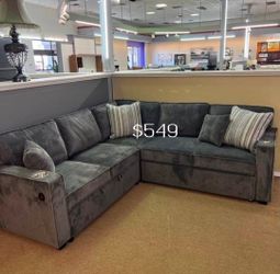 Beautiful! 3-Pc Gray Corduroy Sectional Sofa With Pull-out Bed, Storage, And USB Port