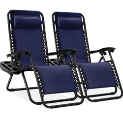  Set of 2 Adjustable Steel Mesh Zero Gravity Lounge Chair Recliners w/Pillows and Cup Holder Trays - Navy Blue