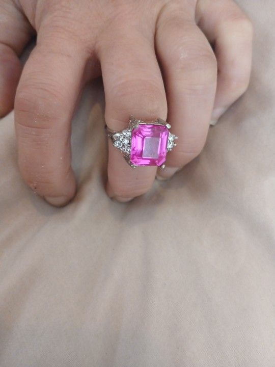 LG Emerald Cut Bright Pink Gemstone Ring With 5 Clear Accent Stones On Each Side , 4 Prongs 925 Silver Ring, Beautiful!