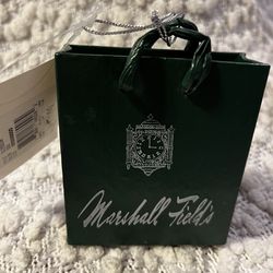 Rare Marshall Fields Dept. Store Chicago green shopping bag Christmas ornament clock logo