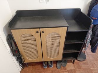Black & Rattan Shoe Cabinet – 40" Entryway Storage, Assembled