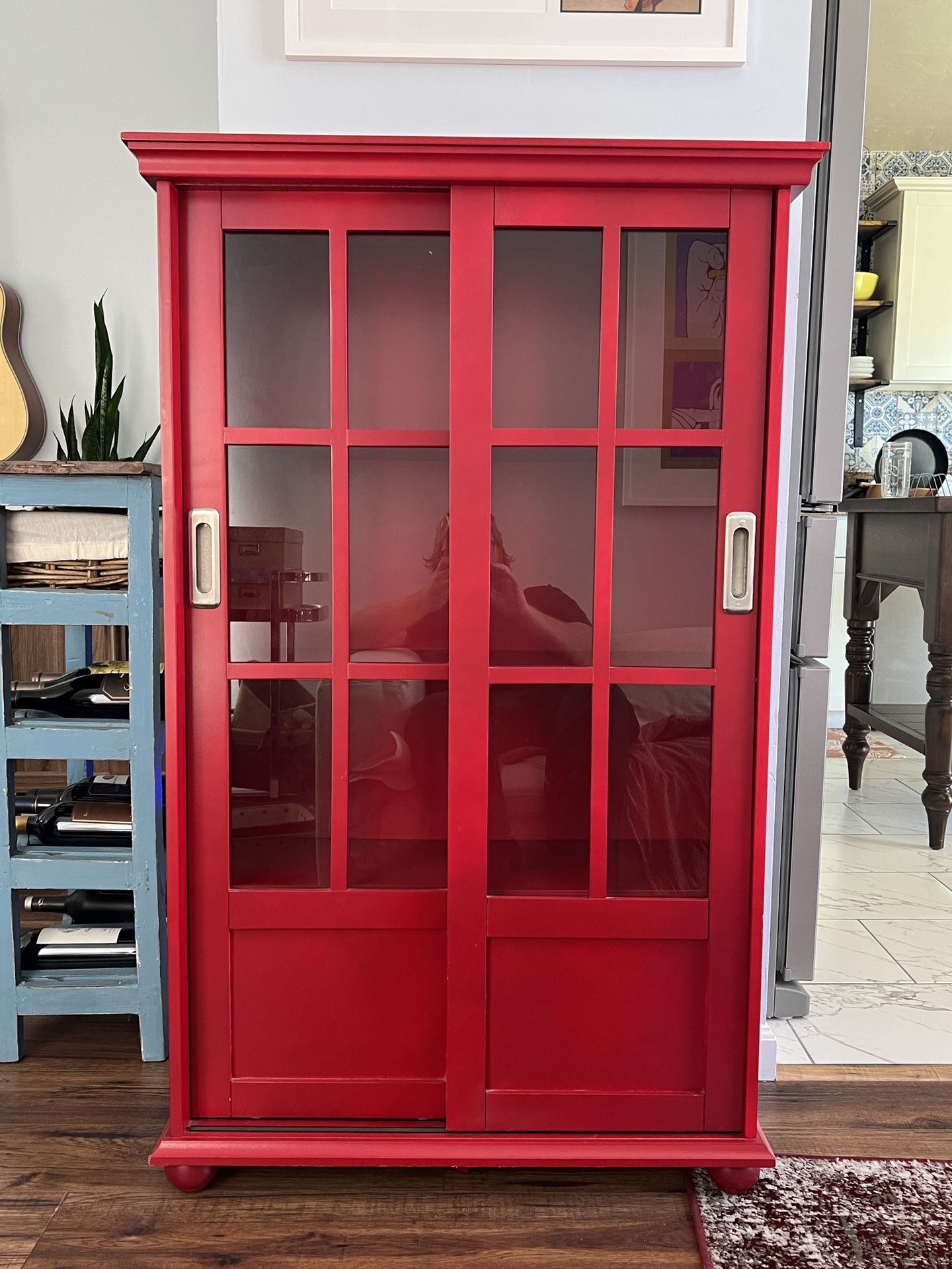 Cute Red Cabinet Bookcase With Sliding Glass Doors 