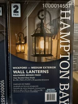Hampton Bay Wickford 15.4 in. 1-Light Weathered Bronze Hardwired Outdoor Wall Light Lantern Porch Sconce with Clear Glass (2-Pack)