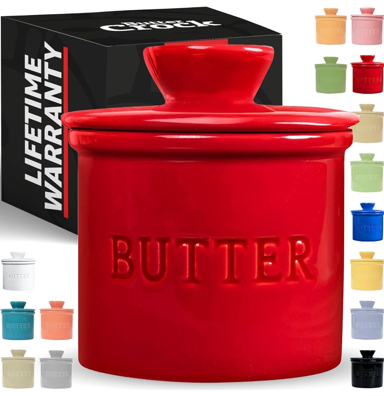 Butter Crock with Lid with Water Line, Ceramic French Butter Dish to Leave On Counter, Red