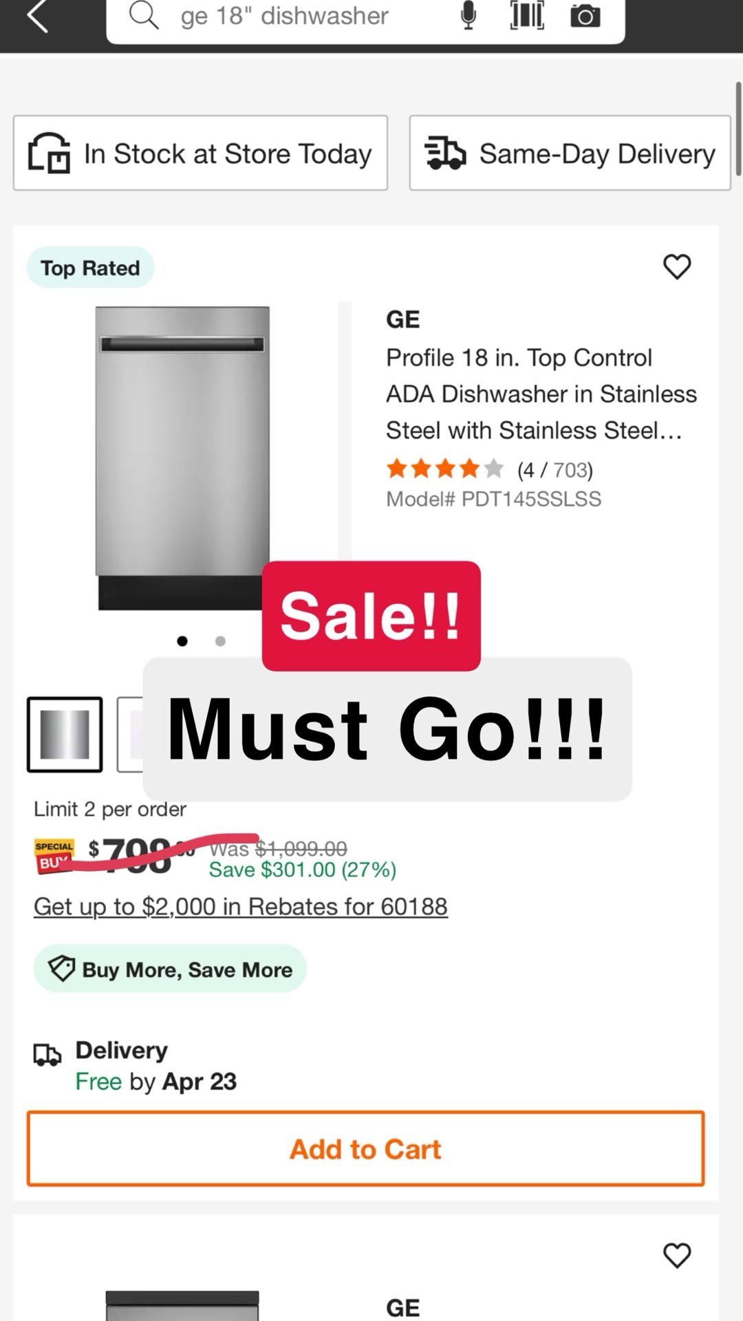 GE 18in Stainless Steal Dishwasher