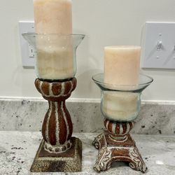 Two Southern Living At Home Historic Bell Jar Candleholders with Candles