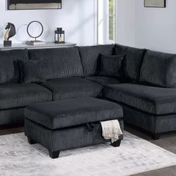 Black Corduroy Sectional Sofa With Ottoman Storage 