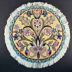 Persian Round Flower Rug Yellow Hand Knotted Size 20”x20” Or 50cm X 50cm