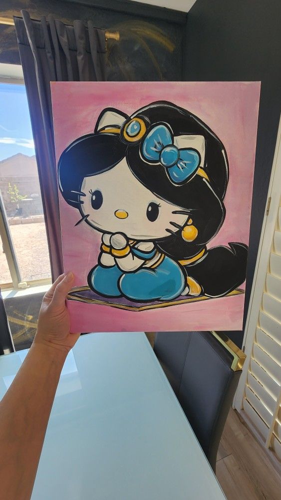 Hand Painted Origingal Princess Jasmine Hello Kitty Painting