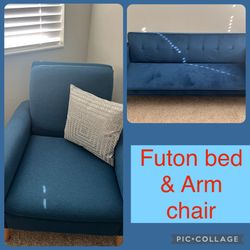 Blue Futon sofa and Arm Chair