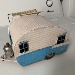 Vintage Effect Metal Tin Cream & Blue Caravan Camper Trailer Metal Garden Model With Patina