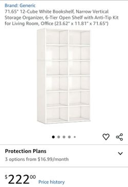 New open box 71.65" 12-Cube White Bookshelf, Narrow Vertical Storage Organizer, 6-Tier Open Shelf with Anti-Tip Kit for Living Room, Office (23.62" x