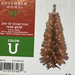 December home 4 ft pre-lit Tinsel Tree Rose Gold new