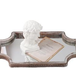 20" Octagonal Beaded Wooden Decorative Tray with Scalloped Corners and Mirrored Bottom for Coffee Table, Rustic Wooden Trays for Kitchen Counter, Vani