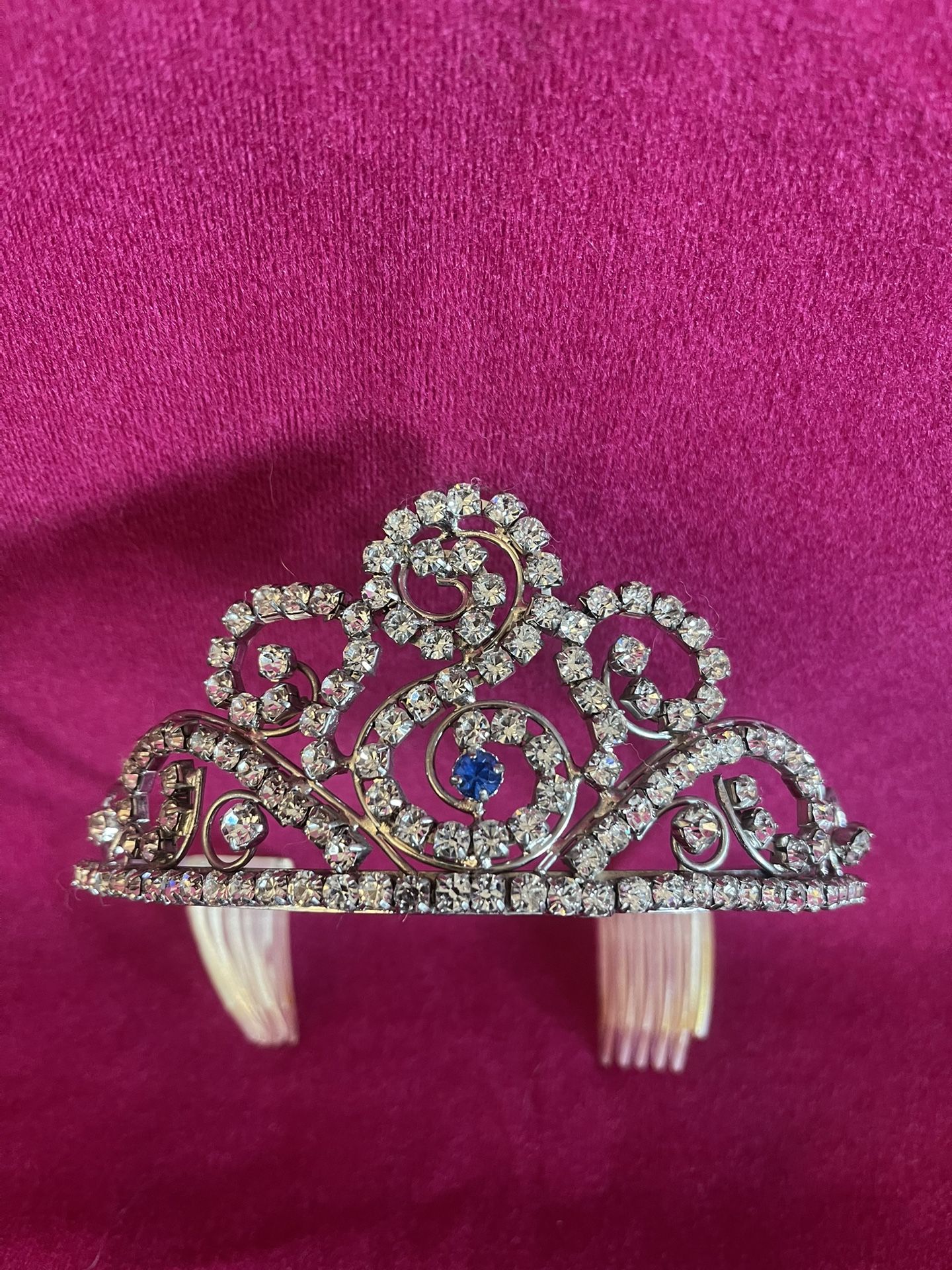 Vintage Rhinestone Tiara, Queen Crown, Royal Wedding for Bride Jewelry Blue