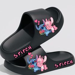 Stitch Black Slides with Pink and Blue Design