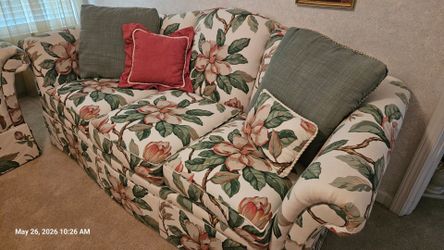 Sofas (2), Wing Chairs (2), Ottomans (2) And Table (1)