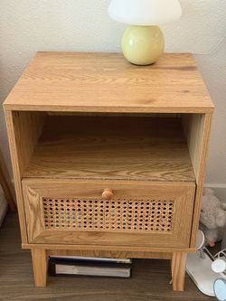 Wood Nightstand with Rattan Drawer