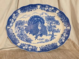 Vintage Blue & White Transferware Turkey Platter | Large Thanksgiving Serving Platter