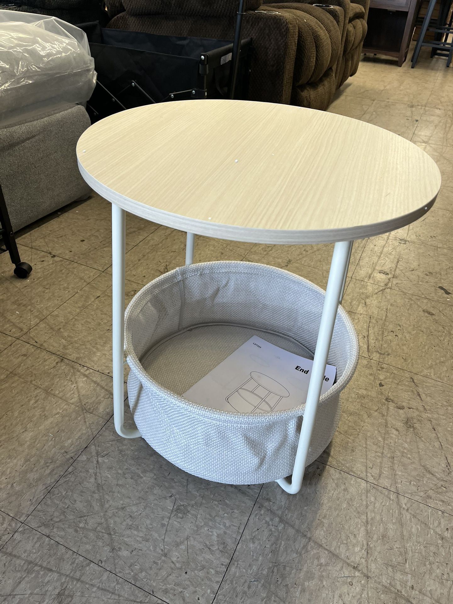 VASAGLE Small Round Side End Table Modern Nightstand with Fabric Basket - Cream White