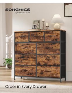 Dresser for Bedroom, Wide Dresser with 9 Fabric Drawers Chest of Drawers with Steel Frame, for Closet & Entryway, Ink Black and Rustic Brown, BELLAH C