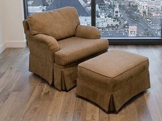 54d x 25w x 30h”* VINTAGE Brown Fabric Accent Armchair with Upholstered Foot Rest
