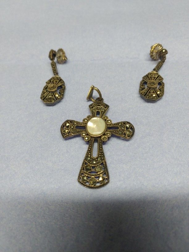 Sterling Silver, Marcasite & Mother Of Pearl Cross