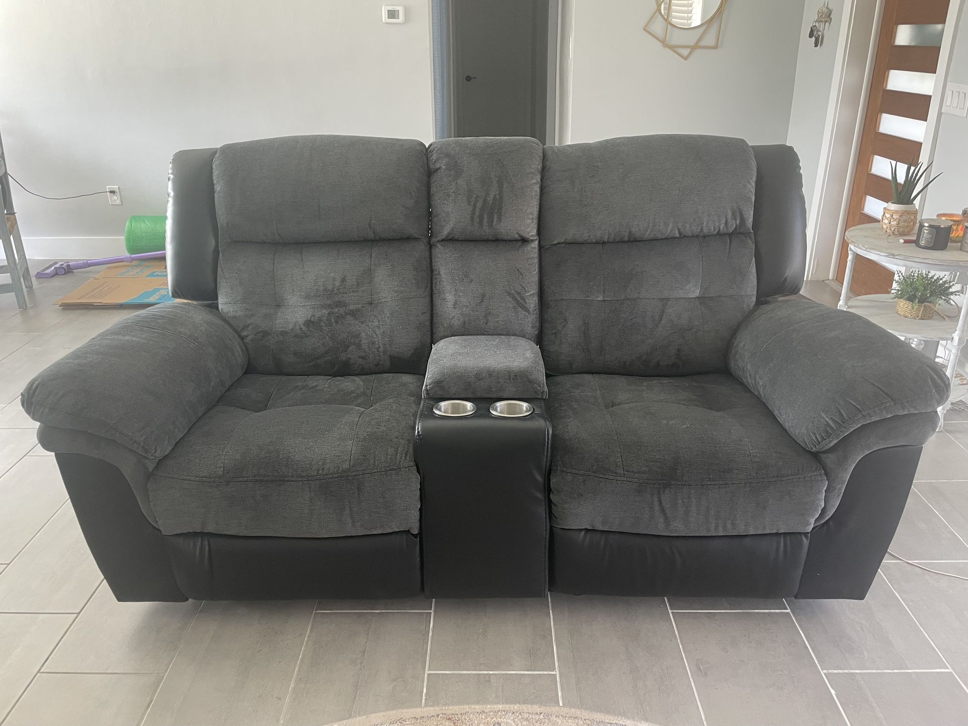 Grey Fabric/leather Recliner Love Seat 