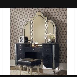 AICO Michael Amini and Jane Seymour Hollywood Swank Vanity in Black Iguana with Light Up Mirror (ORIGINAL PRICE…$3,560)