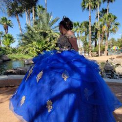 , quinceanera dress royal blue with gold accent size 8
