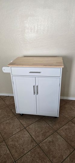 Kitchen Island Cart, Rolling Island Table with Solid Wood Top, White