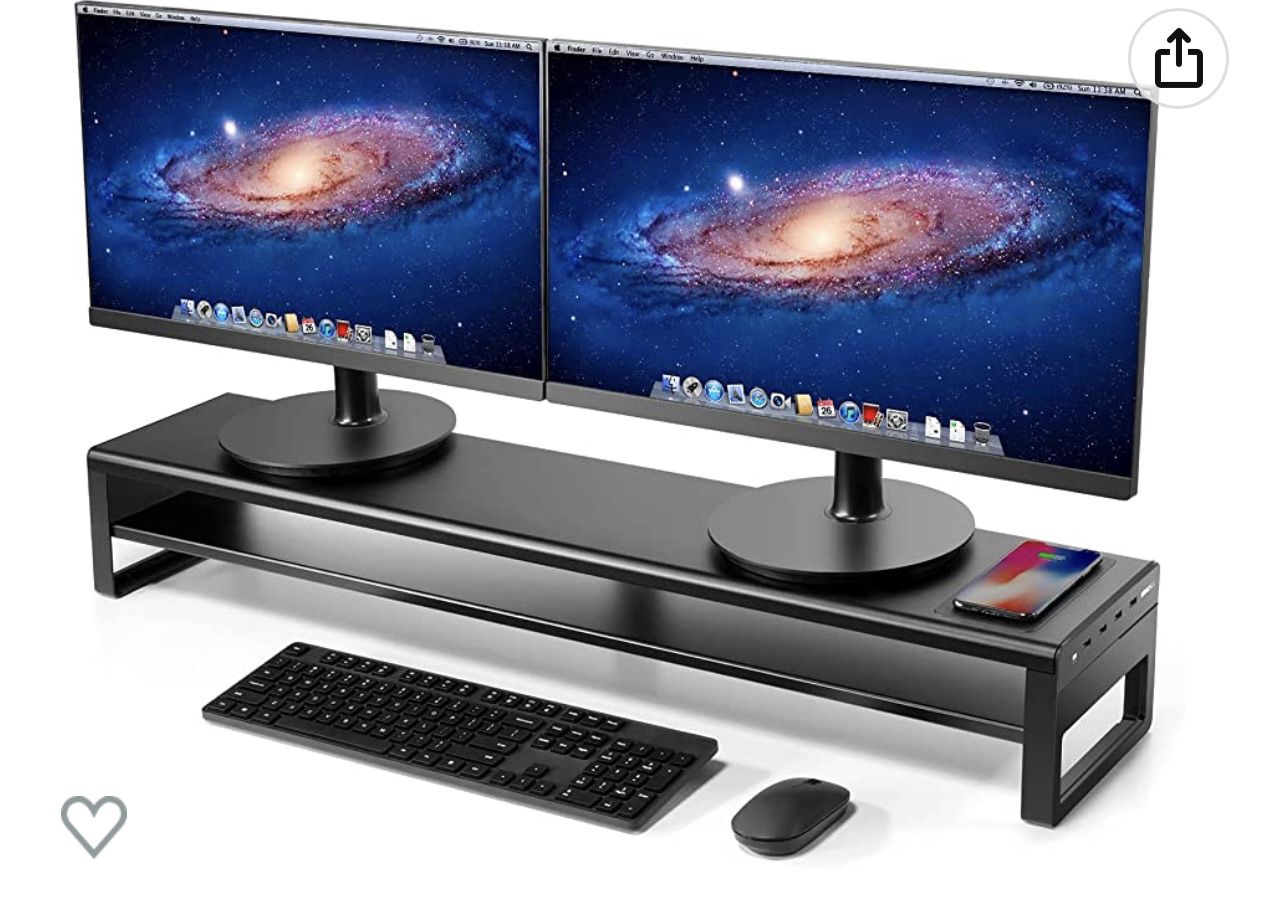 VAYDEER 2 Tiers Dual Monitor Stand Aluminum Monitor Riser with Wireless Charging and 4 USB 3.0 Hub Ports Metal Strong&Sturdy for PC Monitor Laptop Com