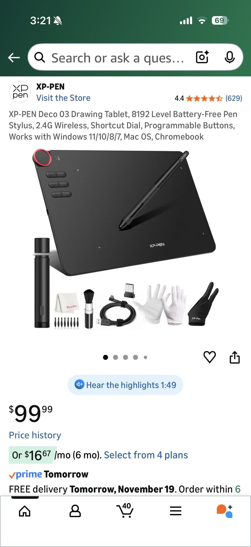 XP-PEN Deco 03 Drawing Tablet, 8192 Level Battery-Free Pen Stylus, 2.4G Wireless, Shortcut Dial, Programmable Buttons, Works with Windows 11/10/8/7, M