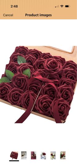 loroom Artificial Flowers 25pcs Real Looking Burgundy Foam Fake Roses with Stems for DIY Wedding Bouquets Red Bridal Shower Centerpieces Party Decorat