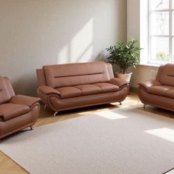 Modern Style Brown Leather Three Piece Couch Set 