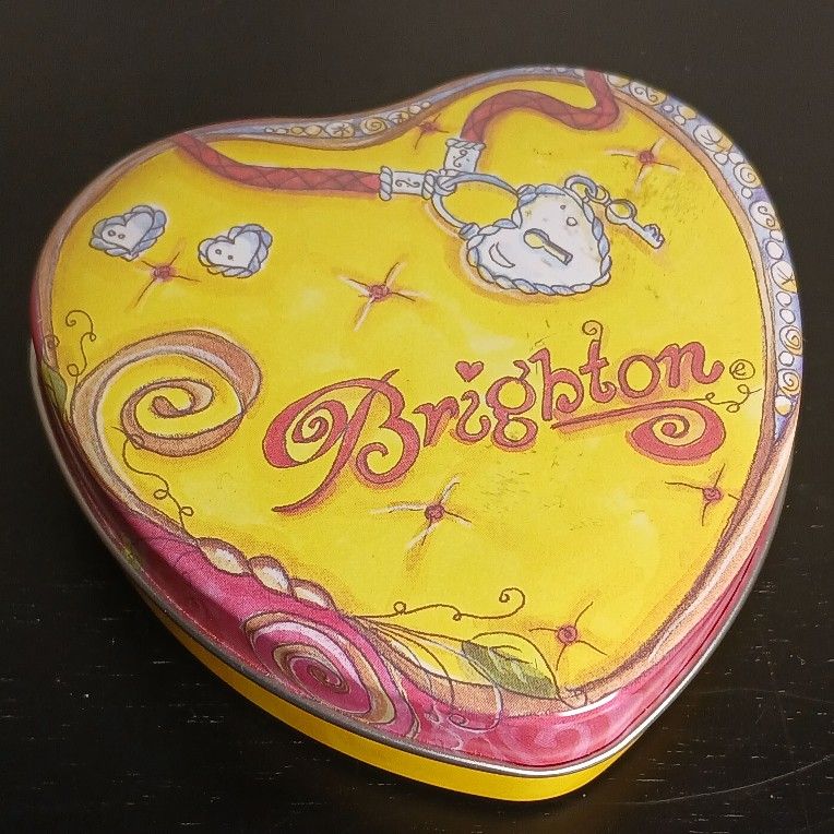 Retired Brighton Jewelry Empty Heart Shaped Multi Color Tin keepsake Yellow Pink