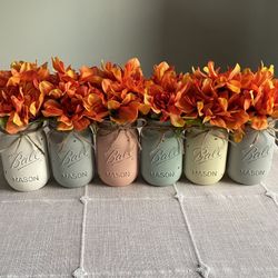 Chalk Painted & Distressed Mason Jar Vases w/faux Flowers Included 6 for $32