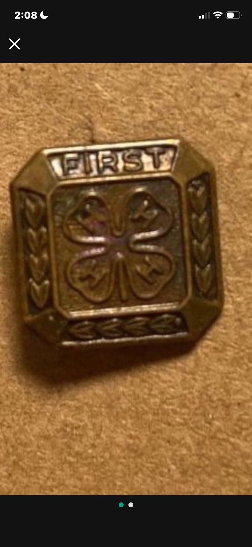 Vintage Bronze Square Small 4-H Club Pin Metal FIRST Mini Tiny Clover 4 H