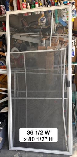 Sliding Screen Door HEAVY DUTY FRAME in white. Size 36 1/2 wide X 80 1/2 Height. USED