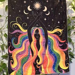 Rainbow Goddess moon phases sun solar tapestry she her flowing hair star moon