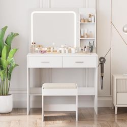 White Vanity Desk with LED Lights Mirror Power Outlet and Chair 3 Lighting Modes 2 Drawers, 2 Shelves and Cushioned Stool for Storage Bedroom Dressing