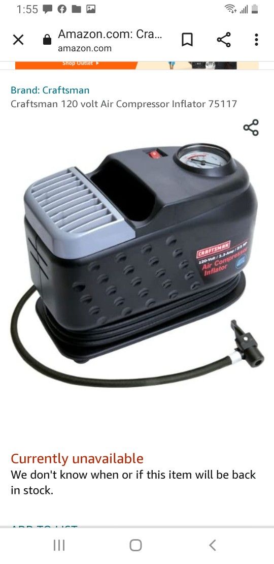 Craftsman 120 Volt 3.3 Amp 2/3 HP Air Compressor Inflator for Sale in