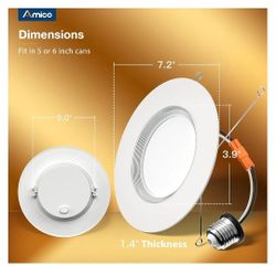 Amico 12 Pack 6 inch 5CCT LED Recessed Lighting with Night Light, 12.5W=100W, 1000LM Can Lights with Baffle Trim, Dimmable, Retrofit Downlight, 2700K/