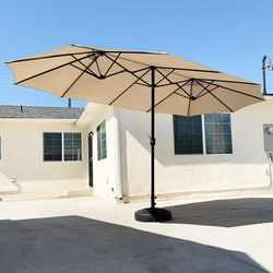 Brand New $130 Large 15 FT Double Sided Outdoor Umbrella with 65 LBS Plastic Weight Base (Beige color) 