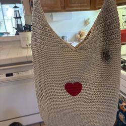 THE SAK Tan Khaki Brown Knit Crochet Shoulder Bag Hobo With Heart 