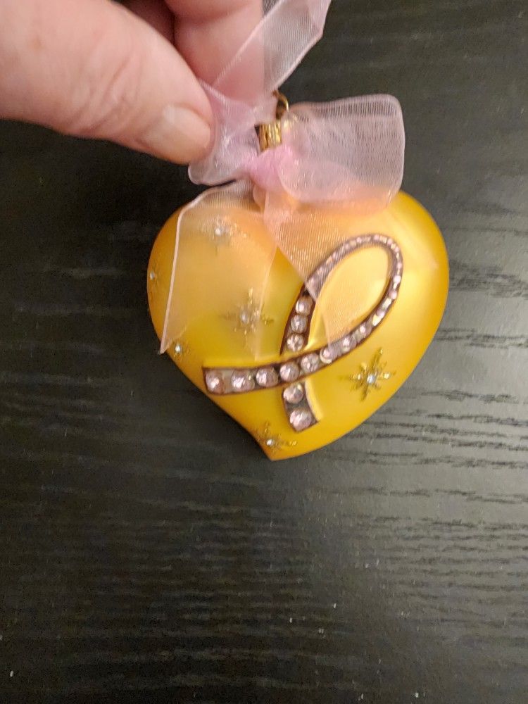 Avon Breast Cancer Crusade 2004 Ornament Heart Gold Pink Ribbon Rhinestones