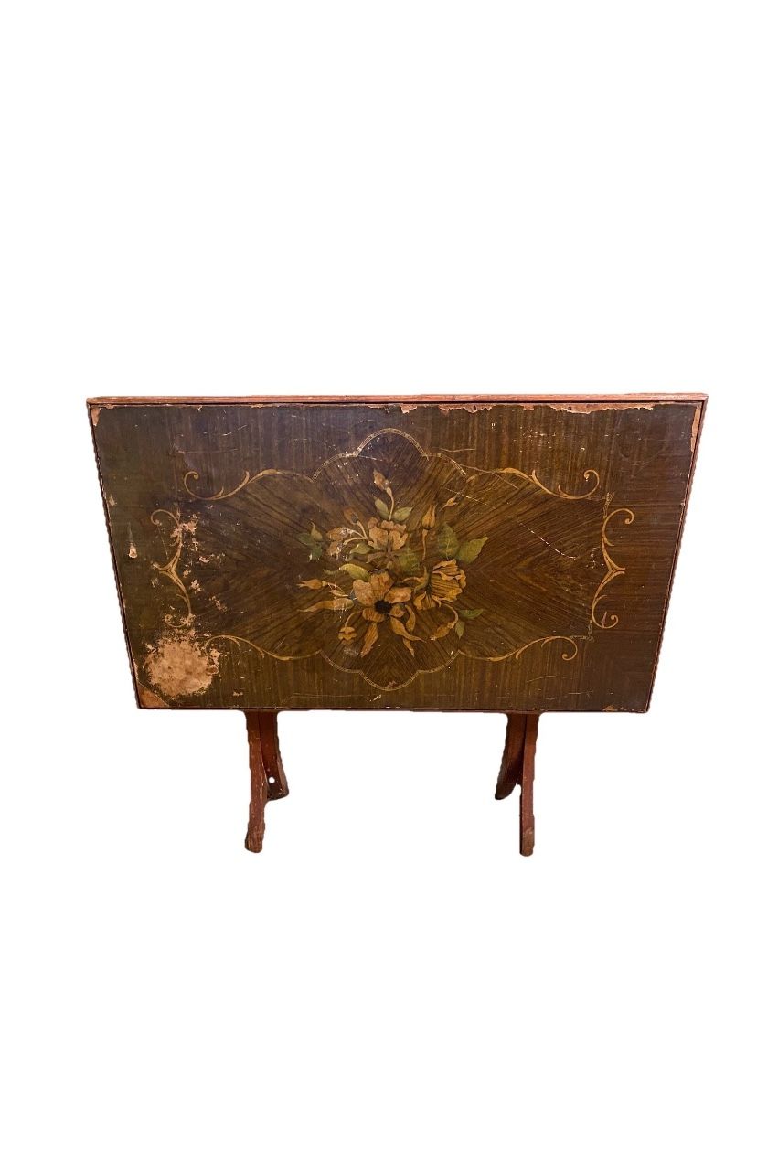 Antique Side Table Wood Folding Table Flower Design Rustic