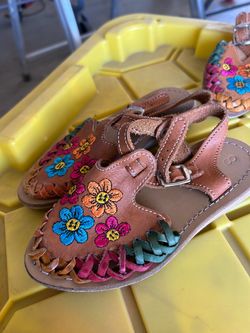Leather Huarache Sandals with Floral Embroidery